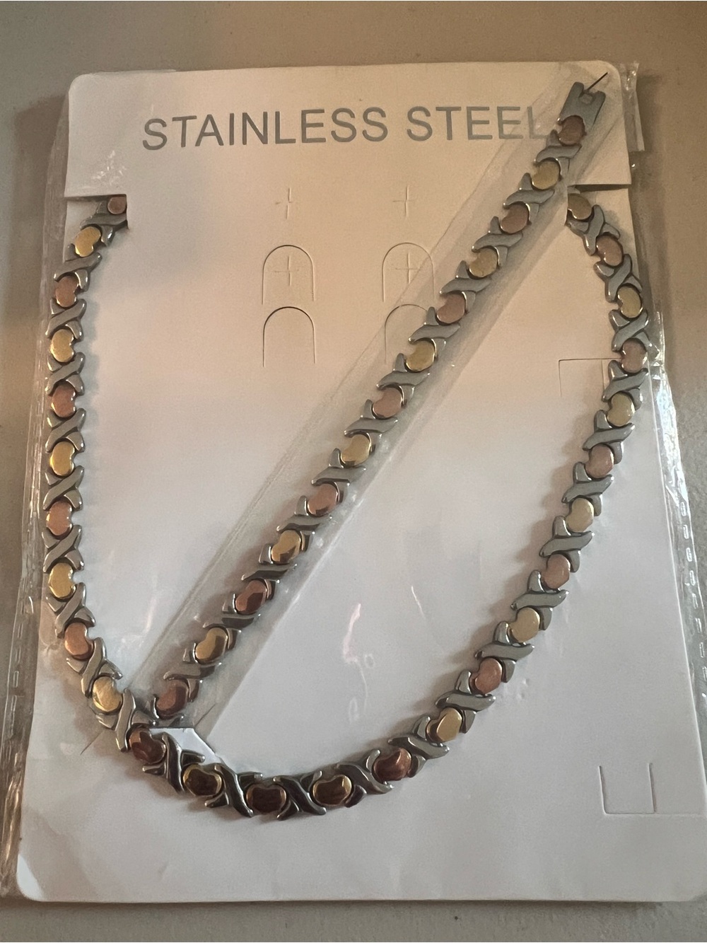 Stainless Steel Tri-Tone Heart Link Necklace - Silver, Gold, Rose